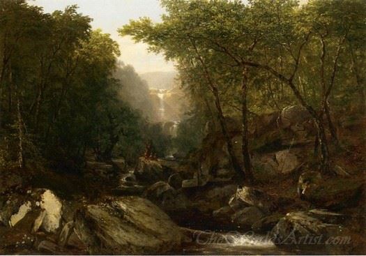 Waterfall In The Woods With Indians