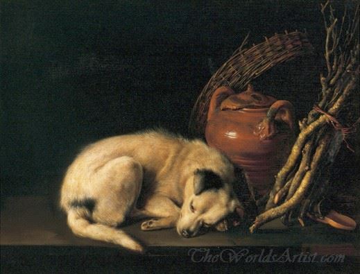 Sleeping Dog With Terracotta Jug Basket And Kindling Wood