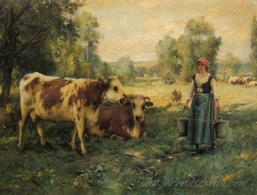 A Milk Maid With Cows And Sheep