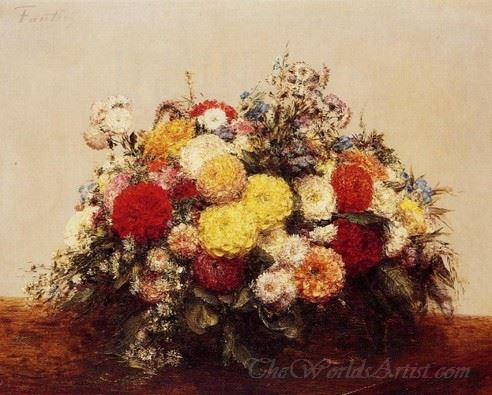 Large Vase Of Dahlias And Assorted Flowers