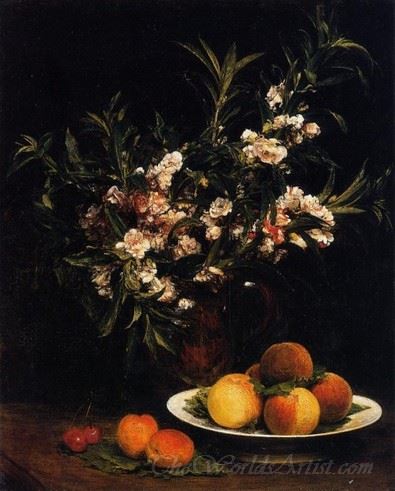 Still Life Balsimines Peaches And Apricots