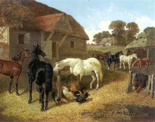 Farm Animals Horses And Chickens In Farmyard