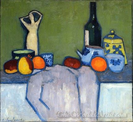 Still Life With Fruit Figurine And Bottle