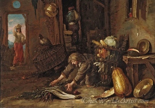 Farm Interior With A Kneeling Man