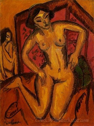 Female Nude Kneeling Against A Red Screen