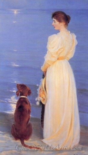 Summer Evening At Skagen The Artists Wife And Dog By The Shore