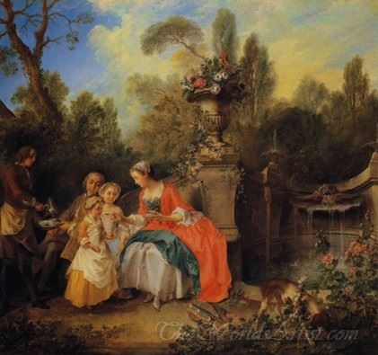 A Lady In A Garden Taking Coffee With Some Children