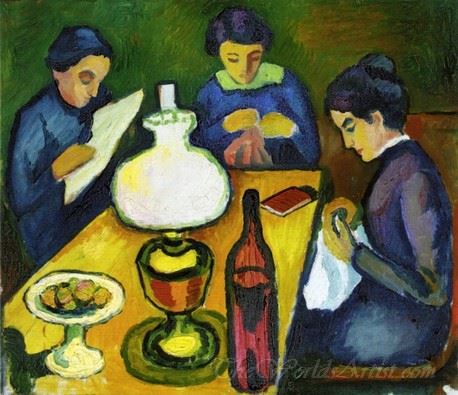 Three Women At The Table By The Lamp 