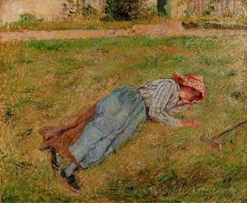 Resting Peasant Girl Lying On The Grass Pontoise