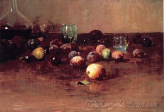 Plums Waterglass And Peaches