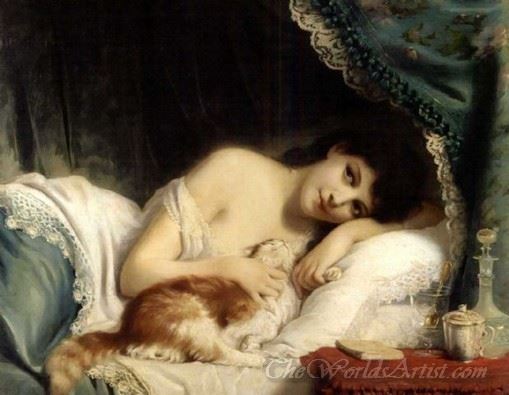 A Reclining Beauty With Her Cat