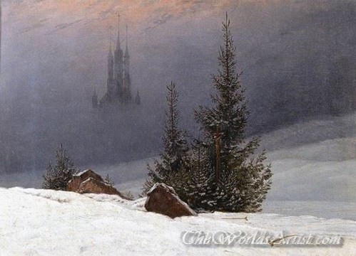 Original Caspar David Friedrich Winter Landscape with Church