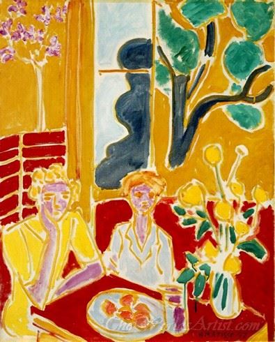Two Girls In A Yellow And Red Interior
