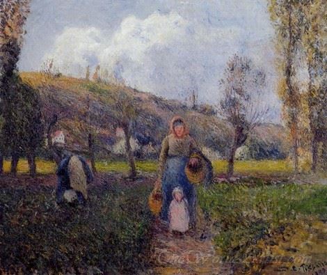 Peasant Woman And Child Harvesting The Fields Pontoise