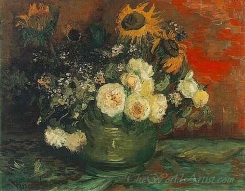 Bowl With Sunflowers Roses And Other Flowers