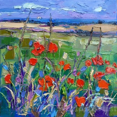 Distant Sea Beyond Poppy Field