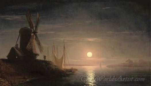 A Windmill Overlooking A Moonlit Bay